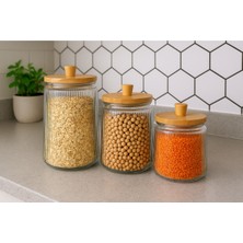 Feyza Design 3’lü Bambu Kapaklı Cam Saklama Kabı Seti, Şık ve Kullanışlıdır