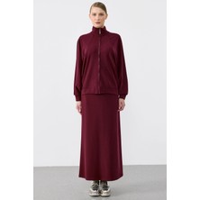 Tığ Triko Pilikaşe Detaylı Fermuarlı Hırka Etekli Takım Bordo