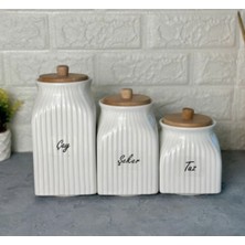 Feyza Design 3 Boy Porselen Bambu Kapaklı Çay Şeker Tuz Kavanoz Seti