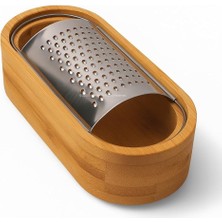 Ahşap Bambu Hazneli, Yatay Oval Metal Bombeli, Çok Amaçlı Ince Rende, 7 x 15,5 Cm, Peynir, Sarımsak,