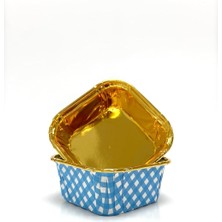 Muffin Kek Kapsülü Kare Pötikare Mavi-Altın 25LI