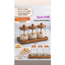 Feyza Design Ahşap Kapaklı Cam Baharat Seti 3'lü, Altlık ve Kaşıklı, 330 ml