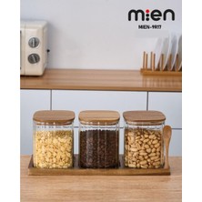 Feyza Design Akasya Ahşap Standlı 3'lü Çizgili Cam Baharatlık Seti Kare 750 ml