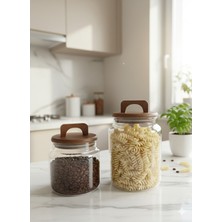 Feyza Design Akasya Vakumlu Kapaklı Cam Kavanoz Seti, Baharatlık ve Şekerlik, 13X11,5 & 18X11,5 cm