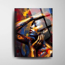 Glitglass Modern Soyut Cam Tablo - Renkli Kadın Portresi - Canlı Ekspresyonist Ev Dekoru