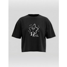 Broco Kadın Oversize Yumuşak Kumaş Shine Like A Star Crop T-Shirt