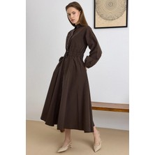 Olcay Göğüs Cepli Beli Lastikli Poplin Elbise KAHVE 9286-E