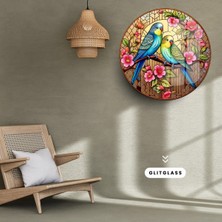 Glitglass Yuvarlak Cam Tablo – Renkli Kuşlar ve Çiçeklerle Doğanın Neşesi