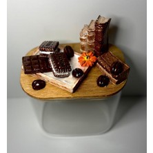 Feyza Design Ahşap Kapaklı Kare Alçı Seramikli Dekoratif Kavanoz