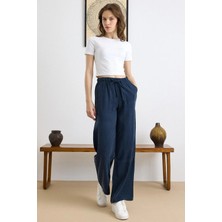 Olcay Beli Lastikli Geniş Paça Modal Pantolon LACİVERT 7588
