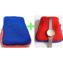 Özgürce Mavi ve Kırmızı Makyaj Çantası Seti, Hasır Kordonlu Kol Saati Hediyeli