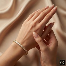 Stainless Steel 316L Çelik Gold Renk Baget Zirkon Taşlı Su Yolu Bileklik 4mm 19cm