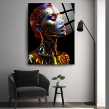 Glitglass Lüks Altın ve Mavi Soyut Cam Tablo Sanatı – Modern Kadın Portresi