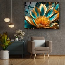 Glitglass Altın ve Turkuaz Çiçek Cam Tablo - Lüks 3D Metalik Sanat Eseri