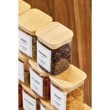 Feyza Design 12'li 200 ml Kare Bambu Vakum Kapaklı Cam Baharatlık Seti Kaşıklı