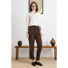 Olcay Bağcık Detaylı Beli Lastikli Soft Denim Pantolon KAHVE 7586