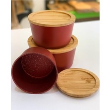 Feyza Design Bambu Kapaklı Granit Saklama Kabı Seti, 12/14/16CM, Kırmızı