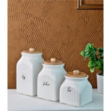 Feyza Design 3'lü Bambu Kapaklı Porselen Saklama Kavanoz Seti, Şeffaf ve Şık Tasarım