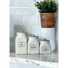 Feyza Design 3'lü Porselen Vakum Kapaklı Saklama Kabı Seti, Çay ve Şeker Kavanozu