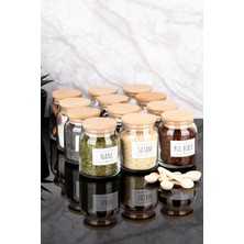 Feyza Design 12'li Ahşap Vakum Kapaklı Cam Baharatlık Seti, Kaşıklı ve Etiketli, 300 ml