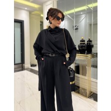 paris store Kadın Uzun Kollu Şal Detaylı Bluz ve Pantolon Ikili Takım