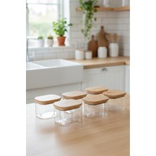 Feyza Design 6'lı Bambu Kapaklı Cam Saklama Kabı, 600ML, Sağlıklı ve Şık Tasarım