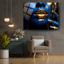 Glitglass Lüks Mavi ve Altın Damlayan Dudaklar Cam Tablo – Modern Soyut Yüz Dekoru