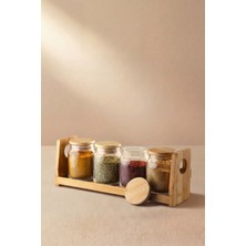 Feyza Design 5 Parça Bambu Kapaklı Cam Baharatlık Seti, Bambu Standlı, Hava Almaz