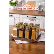 Feyza Design Ahşap Standlı Cam Baharatlık Seti 12'li Gold Kapakli ve Etiketli