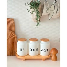 Feyza Design Ahşap Standlı 3'lü Bambu Kapaklı Çay Şeker Kahve Kavanoz Seti