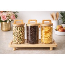 Feyza Design 3’lü Standlı Bambu Kapaklı Cam Kavanoz Seti 750 ml Baharat Saklama