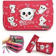 Limmy Kalem Beyaz Kedi Kawai Organizer Kalemkutu Vegan Deri Üç Bölmeli Kalemlik