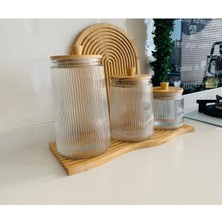 Feyza Design Bambu Kapaklı Vakumlu Çizgili Kavanoz Seti 3'lü, 800/1300/1800 ml