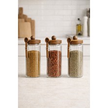 Feyza Design Şık ve Dayanıklı 3'lü Çizgili Cam Kavanoz Seti 1200ML, Akasya Kapaklı