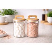 Feyza Design 2’li Bambu Kulplu Kapaklı 500 ml Cam Saklama Kavanoz Seti
