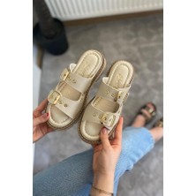 M&B COLLECT Kadın Bej Çift Bantlı Kapsül Detaylı  Kalın Taban Ortopedik  Sandalet Terlik K-100