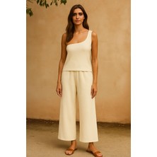 İmoda Kadın Beyaz Tek Omuzlu Şık Bluz & Geniş Paça Pantolon Ikili Takım