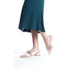 Difolia Kadın Krem Saten Iki Sıra Taşlı Arkası Acık 2 cm Topuklu Sivri Burun Babet