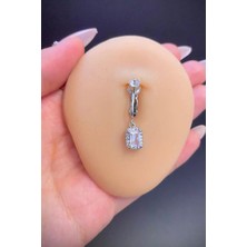 Blisse Piercing Gümüş Renk Baget Zirkon Taşlı Sallantılı Deliksiz Çelik Göbek Piercing