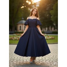 Tarz Çocuk Lacivert Saten Askılı Mezuniyet Kız Çocuk Abiye Elbise – Şık Davet Elbisesi