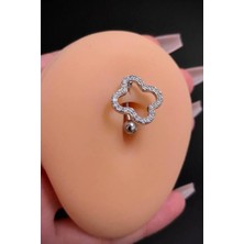 Blisse Piercing Kadın Gümüş Renk Üstten Yonca Figürlü Cerrahi Çelik Göbek Piercing