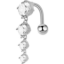 Blisse Piercing Kadın Gümüş Renk Sıralı 4 Taşlı Sallantılı Cerrahi Çelik Göbek Piercing