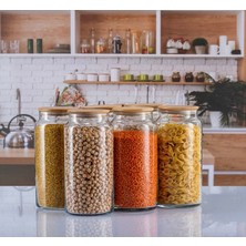 Feyza Design 6’lı Bambu Kapaklı Cam Kavanoz Seti, Bakliyat, Çay, Şeker, Kahve Için Ideal