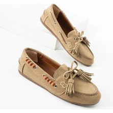 Dicle Polat Kadın Bej Süet Loafer Ayakkabı Püsküllü Bağcıklı Günlük Makosen Model Carlas