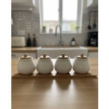 Bambu Standlı 4’lü Seramik Seti /ahşap Kapaklı Dekoratif Baharat & Kahve & Şekerlik Takımı