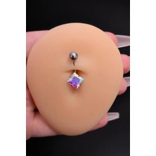 Blisse Piercing Kadın Gümüş Kare Hologram Zirkon Taşlı Belly Çelik Göbek Piercing