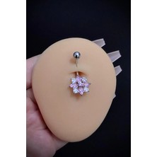 Blisse Piercing Kadın Cerrahi Çelik Çiçek Figürlü Pembe Taşlı Belly Göbek Piercing