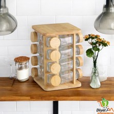 Feyza Design 12’li Akasya Standlı Cam Baharatlık Seti, Şık ve Kullanışlı Mutfak Aksesuarı