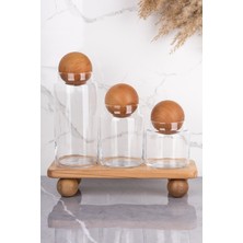 Feyza Design 3'lü Ahşap Top Kapaklı Cam Kavanoz Seti, Şekerlik ve Baharatlık