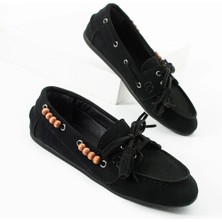 Dicle Polat Kadın Siyah Süet Loafer Ayakkabı Püsküllü Bağcıklı Günlük Makosen Model Carlas